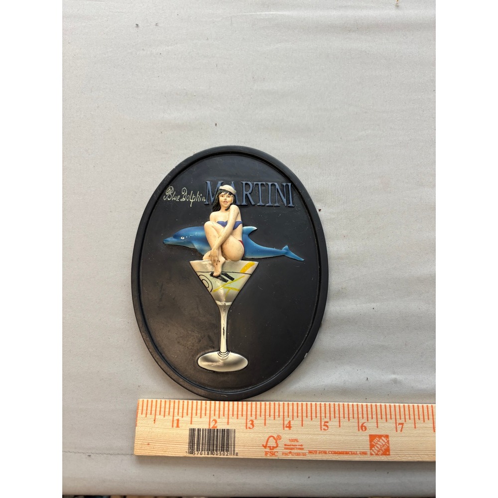 Vintage Blue Dolphin Martini Wall Plaque 3D Pin Up Girl Bar Decor Retro Sign